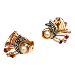 Gold and Silver Earrings with Diamond Chips and Encrusted Stones, Set of 2 For Sale