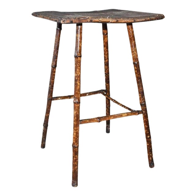 Early 20th Century Traditional English Antique Square Burnt Bamboo and Wood Side Table For Sale