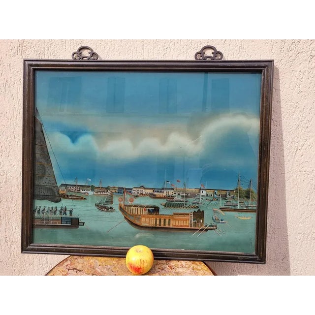 View of a Port in Asia, 20th Century, Reverse Glass Painting For Sale - Image 3 of 13
