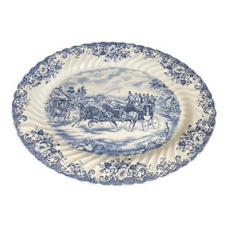 Vintage Mid-Century Modern Johnson Bros. Coaching Scenes Passing Through Blue & White Ironstone Platter For Sale