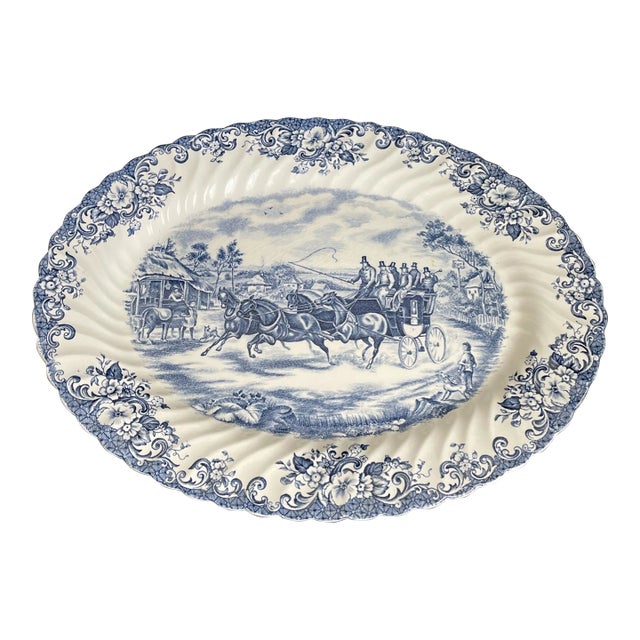 Vintage Mid-Century Modern Johnson Bros. Coaching Scenes Passing Through Blue & White Ironstone Platter For Sale