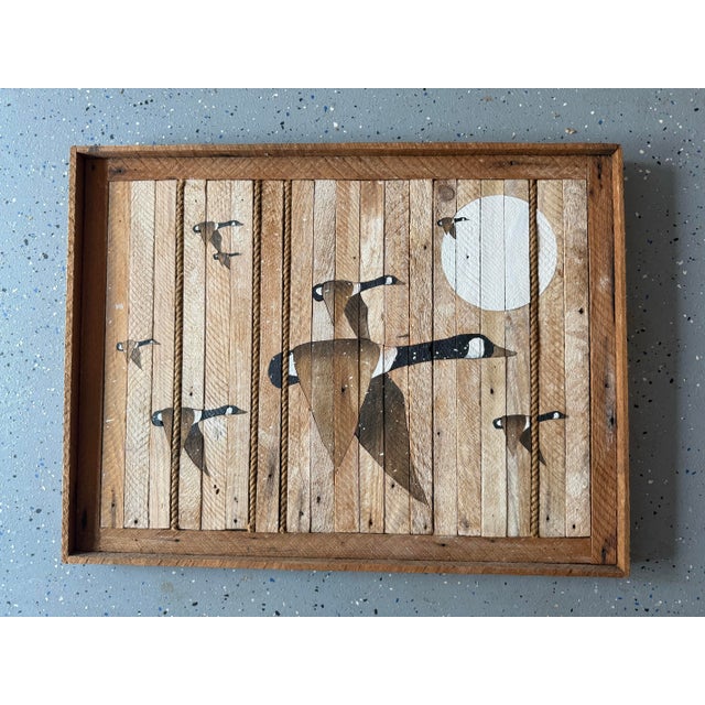 1980s Large Vtg. 1989 Wood Inlay Geese Landscape Art Signed by C. Pruitt Inscribed 19th C. Wood Lath For Sale - Image 5 of 18