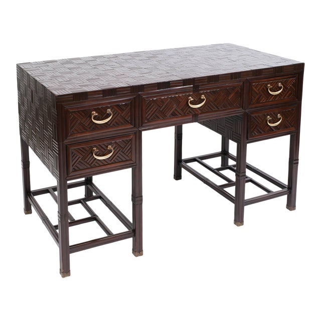 1960's Anglo Chinese Bamboo Parquet Hardwood Campaign Desk For Sale