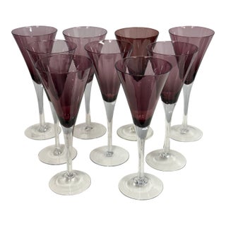 Circa 1990's Pottery Barn Amethyst Champagne Flutes, Set of Nine For Sale