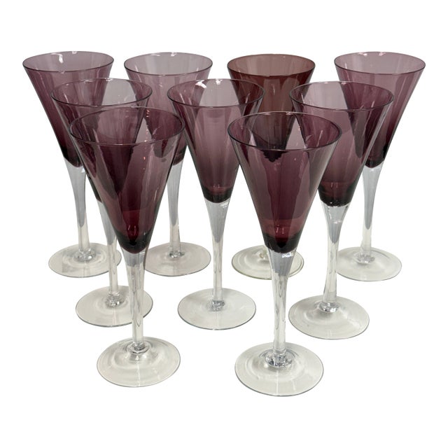 Circa 1990's Pottery Barn Amethyst Champagne Flutes, Set of Nine For Sale