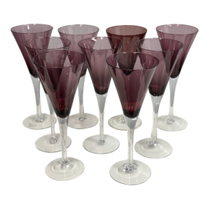 Circa 1990's Pottery Barn Amethyst Champagne Flutes, Set of Nine