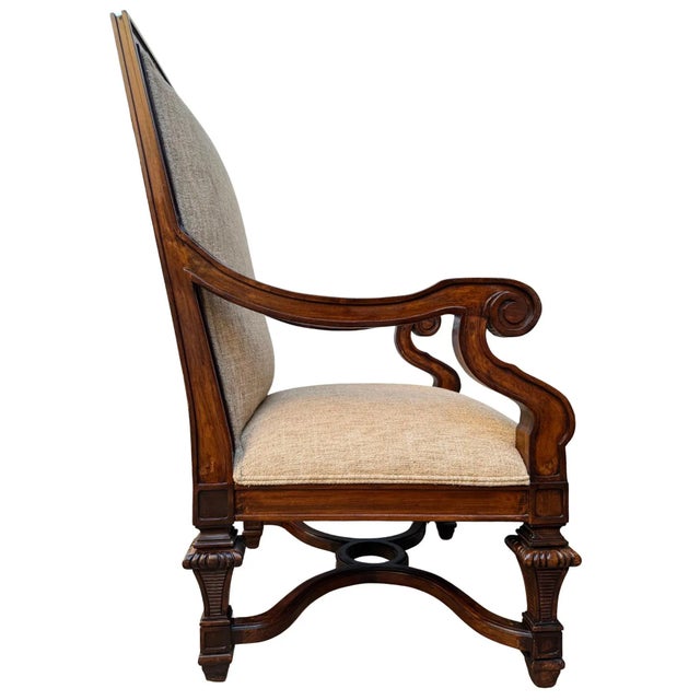Vintage Hand-Carved Mahogany Upholstered Arm Chairs With Rolled Arms - A Pair For Sale In San Diego - Image 6 of 16