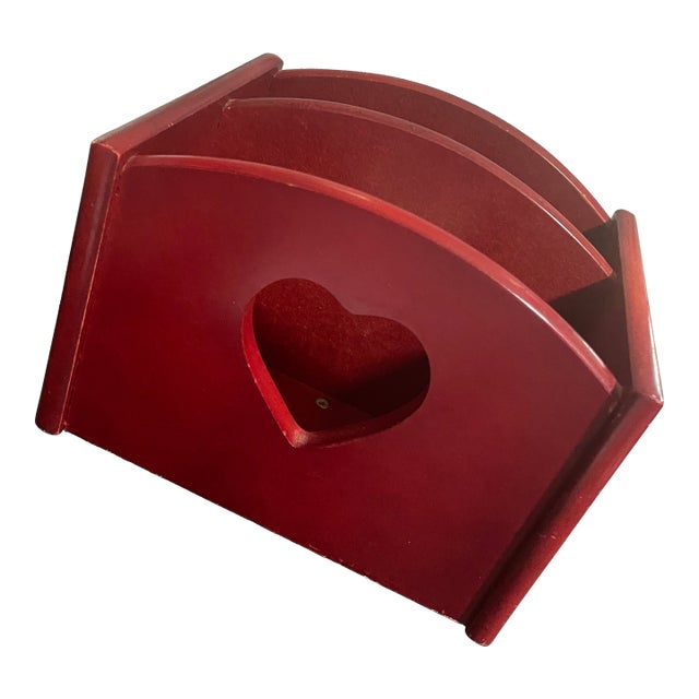 Vintage Cherry Wood Lazy Susan Napkin & Condiment Holder With Heart Cutouts For Sale