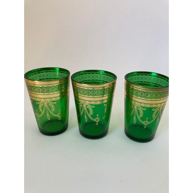 Metal Set of Six Handblown Moroccan Moorish Green and Gold Glasses For Sale - Image 7 of 12