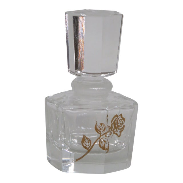 Bohemian Empty Glass Perfume Bottle Czech Art Deco Crystal With Gold Rose 4485b For Sale