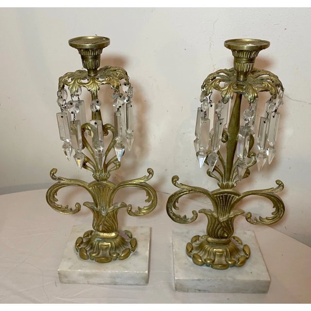 Metal Pair of Antique Ornate Brass Marble Drop Crystal Girandole Candle Holders Lamp For Sale - Image 7 of 11