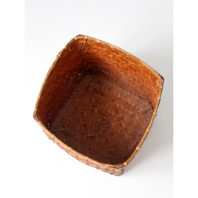 Brown Vintage Woven Bamboo Storage Basket With Geometric Herringbone Pattern For Sale - Image 8 of 12