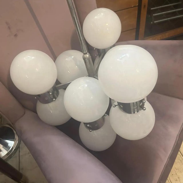 Metal 1960s Space Age Steel and Opaline Glass 10 Lights Italian Chandelier For Sale - Image 7 of 17