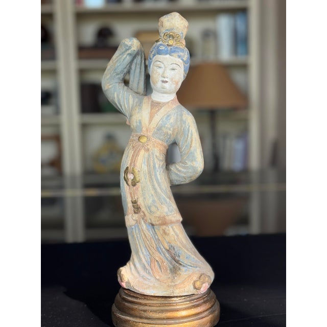 Printmaking Materials Antique Chinese Carved Wood Dancing Court Lady, Tang Style, Polychrome & Gilt, C. 1920s For Sale - Image 7 of 11