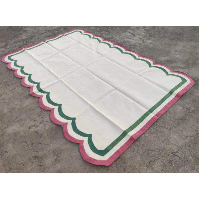 Handmade Cotton Vegetable Dyed Scalloped Edge Rug Cream With Green and Raspberry Pink Border - 8x10 For Sale - Image 6 of 11
