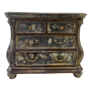 Vintage Lane Bombe Chest — Hand-Painted Blue-Gray & Gold Distressed Finish For Sale