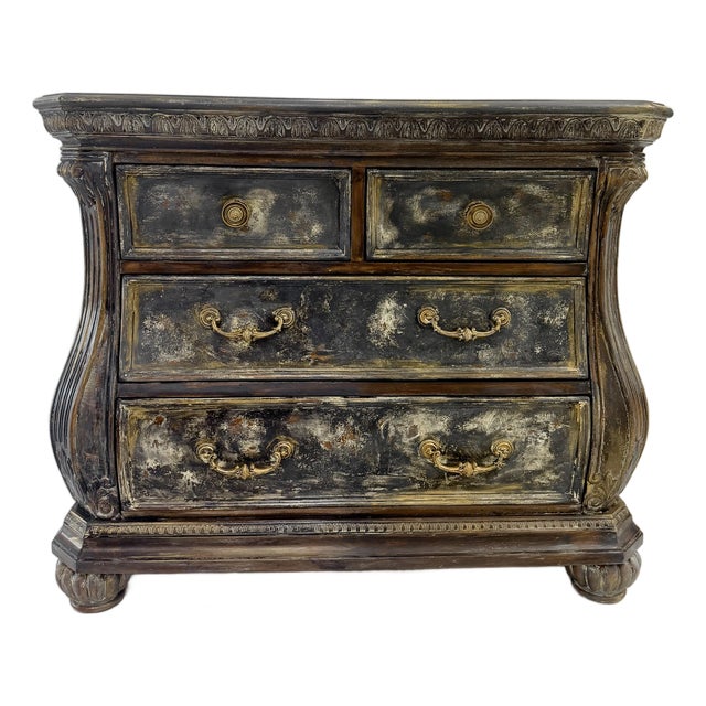 Vintage Lane Bombe Chest — Hand-Painted Blue-Gray & Gold Distressed Finish For Sale