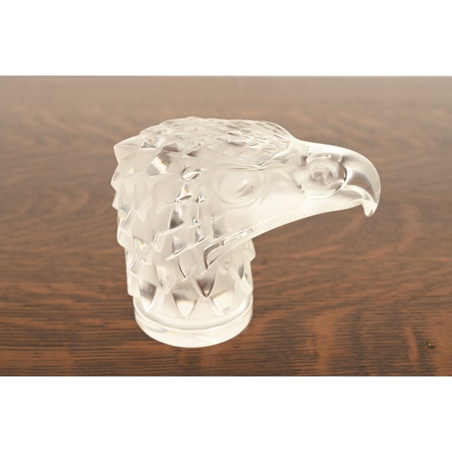 A gorgeous Art Deco or Art Nouveau frosted and clear crystal paperweight depicting a majestic, geometric eagle head By...