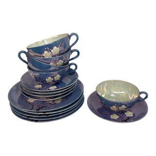 Antique 1920s Japanese Tea Setting Blue Lusterware Cherry Blossom Trees - 15 PCS For Sale