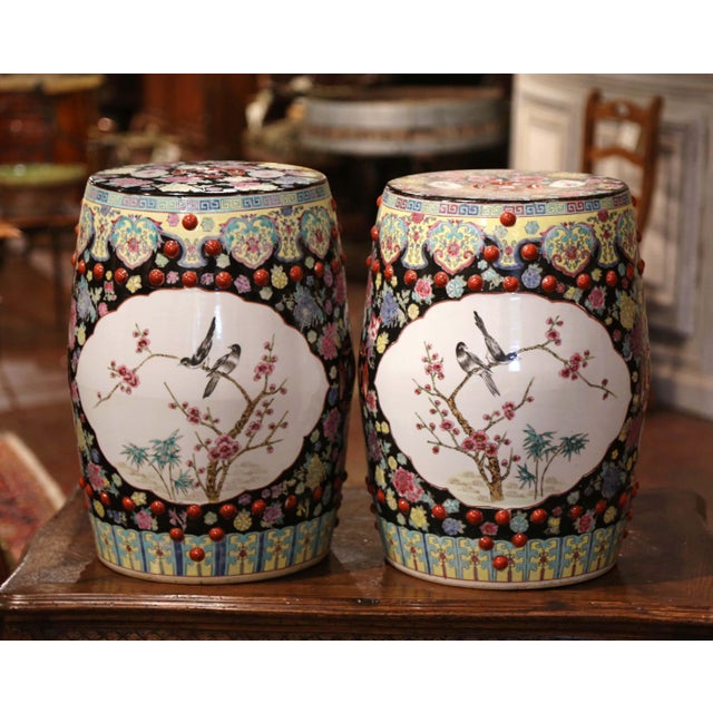 Pair Of Antique Chinese Porcelain Garden Stools With Bird And