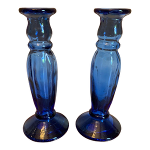 1990s Vintage Spanish Blue Glass Candlesticks, Set of 2