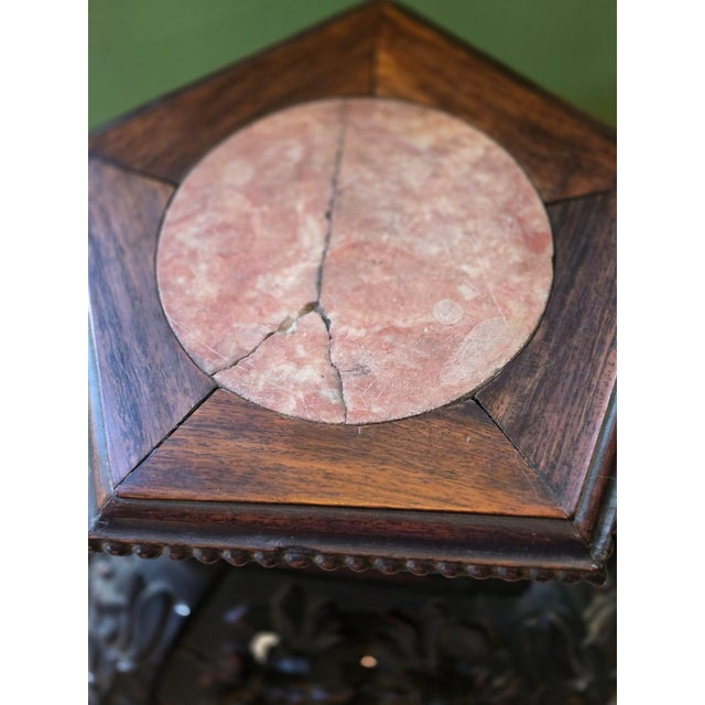 Early 20th Century Antique Carved Rosewood Asian Plant Stand Pink Marble Inlay Intricate Floral Detail For Sale - Image 5 of 6