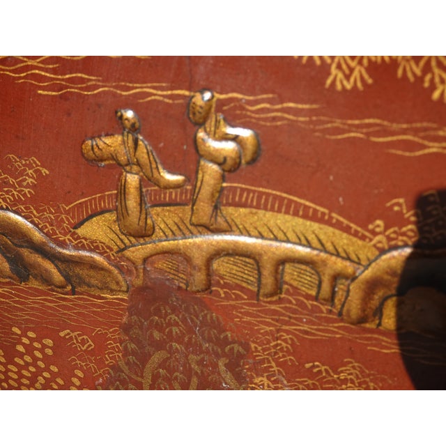 Antique Storage Cabinet Oriental Chinese Red Lacquer Chinoiserie W Stand & Brass For Sale - Image 14 of 18