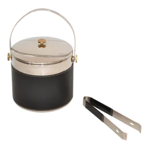 1990s Oneida Stainless Steel Brass & Faux Leather Ice Bucket Tongs Set- 2 Pieces