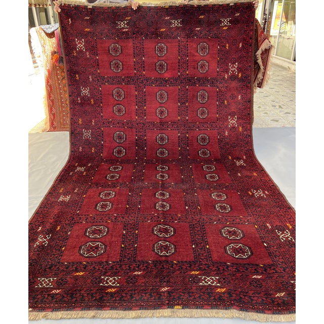 Red Vintage Afghan Turkmen Ashik Star Gul Garden Compartment Tribal Rug - 9'10" X 6'2" For Sale - Image 8 of 13