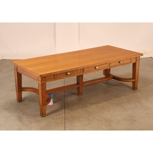 High Quality Rectangular Arts & Crafts Style Library Table Crafted in Oak, Featuring a Clean, Solid Plank Top Above Three...