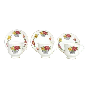 Staffordshire Flower Basket Bone China 3 Sets of Tea Cups and Saucers - 6 Pieces