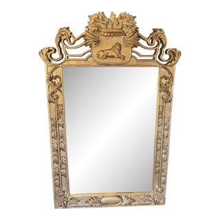 Large Baroque-Style Gilt Carved Lion Crest Mirror, 52” X 34” For Sale
