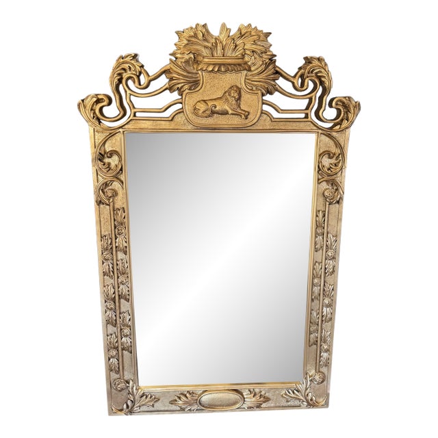 Large Baroque-Style Gilt Carved Lion Crest Mirror, 52” X 34” For Sale