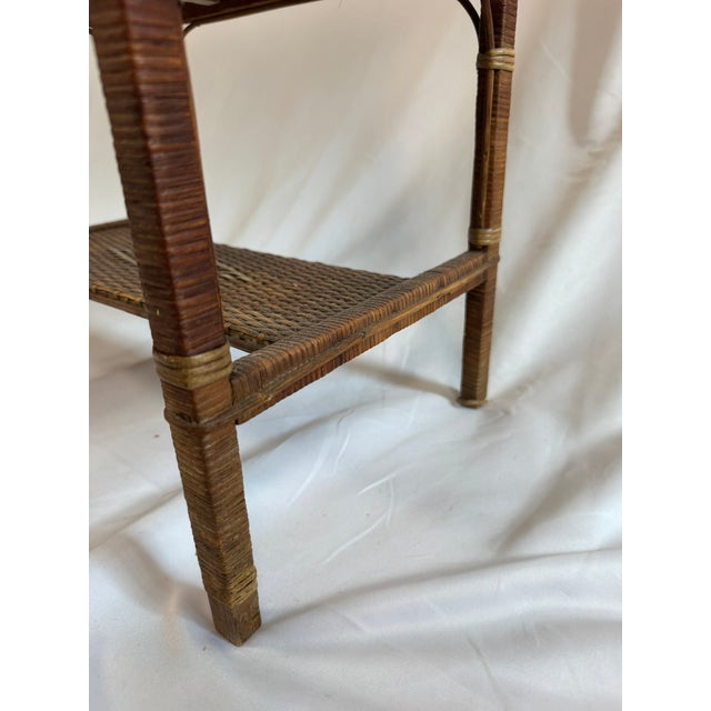 Antique Victorian Wicker Rattan Sewing Stand | Lift-Top Toile Lined, Two Drawers | Edwardian Work Table, 31in For Sale - Image 15 of 18