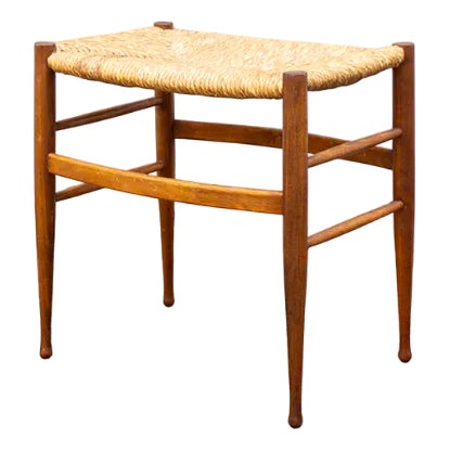 Vintage Italian Wood and Straw Stool, 1960s For Sale