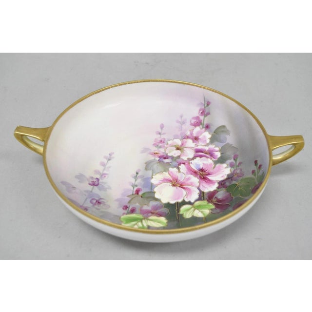 Art Nouveau Antique Nippon Hand Painted Pink Wisteria Flower Porcelain Dish W / Handles For Sale - Image 3 of 14