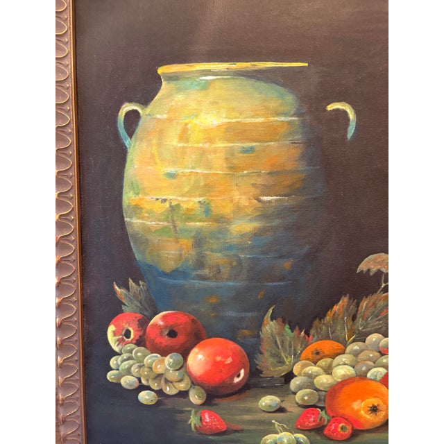 Vintage Oil on Canvas Still Life With Vessel and Fruit For Sale - Image 4 of 10