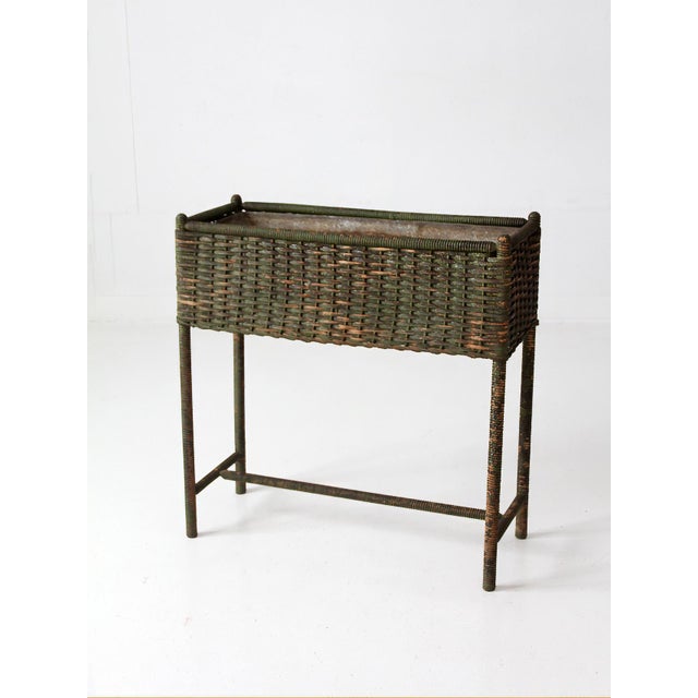 Antique Green Painted Wicker Jardinière Planter With Metal Liner For Sale - Image 6 of 17