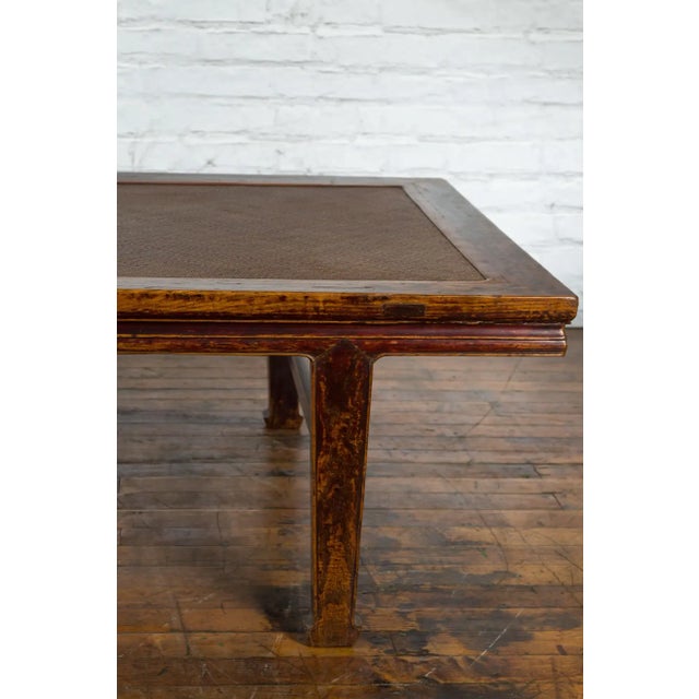 Chinese Qing Dynasty Elm Opium Bed Coffee Table with Rattan Top and Distressing For Sale - Image 9 of 13