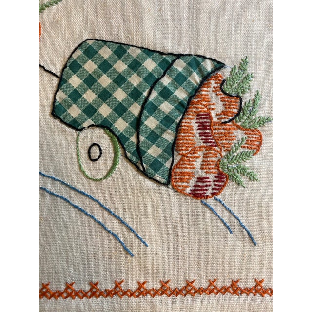 Vintage Linen Tea Towels Set: 1950s Appliqué Veggie Carts, Hand Embroidered - a Pair For Sale - Image 4 of 9