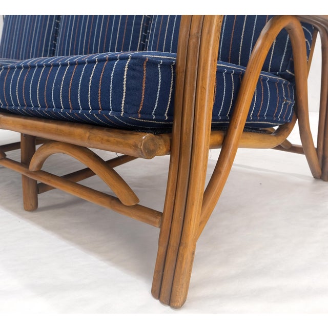 1970s Striped Blue Upholstery Bamboo Frame Mid Century Modern Sofa MINT! For Sale - Image 12 of 17