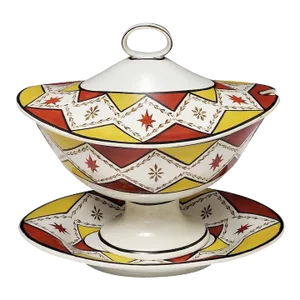 18th Century English George III Staffordshire Creamware Sauce Tureen, Cover & Under Plate with Harlequin Design