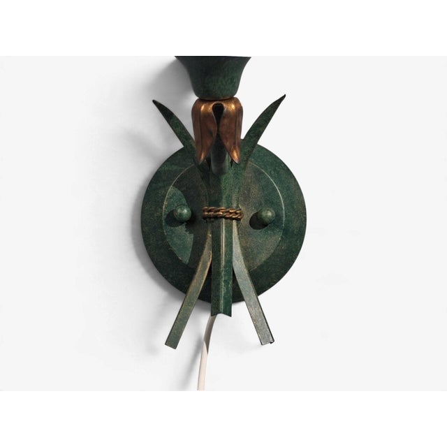1960s Italian Floral Wall Sconces, Green Metal, Bronze, Glass - Pair For Sale - Image 10 of 12