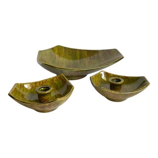Mid Century 1960s Centerpiece Bowl and Candle Holders Avocado Glaze Ceramic Set of 3 For Sale