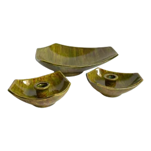 Mid Century 1960s Centerpiece Bowl and Candle Holders Avocado Glaze Ceramic Set of 3
