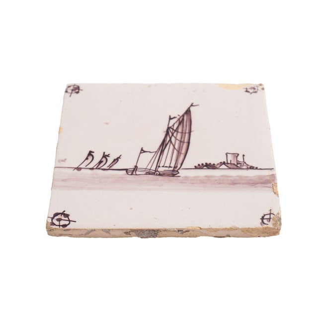 Pair of Mulberry Faience Tiles of Sailing Vessels, C. 1700's For Sale - Image 4 of 8