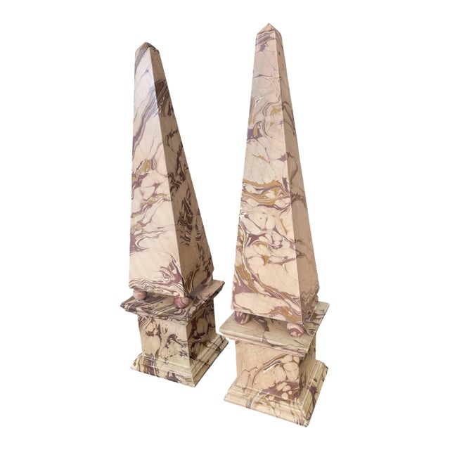 Pair of Vintage Faux-Marbled Hand-Painted Wood Obelisks For Sale