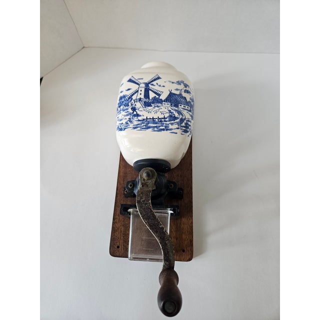 Charming Vintage Wall Mounted Manual Delft Blue Coffee Grinder for Your Country Kitchen For Sale - Image 4 of 9