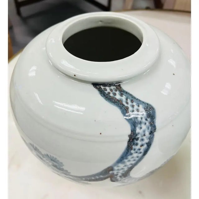 Pair of Antique One-of-a-kind Asian White Porcelain Pots Hand Painted with Black Botanical Tree.