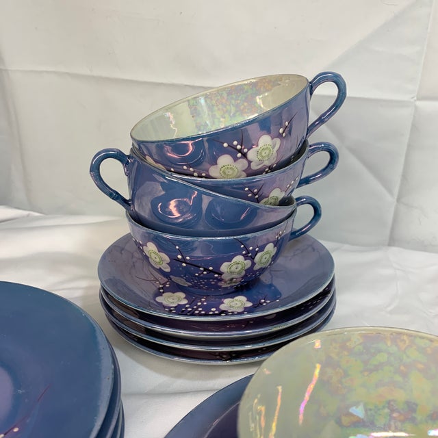 Japanese Antique 1920s Japanese Tea Setting Blue Lusterware Cherry Blossom Trees - 15 PCS For Sale - Image 3 of 9